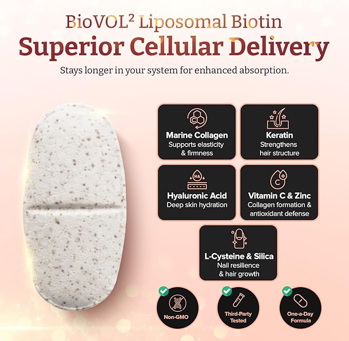 400% Strength Biotin 40000mcg x 90 Caplets – BioVOL²® Liposomal Biotin Complex | with Marine Collagen Keratin Vitamin C &amp More | 3 Months Supply