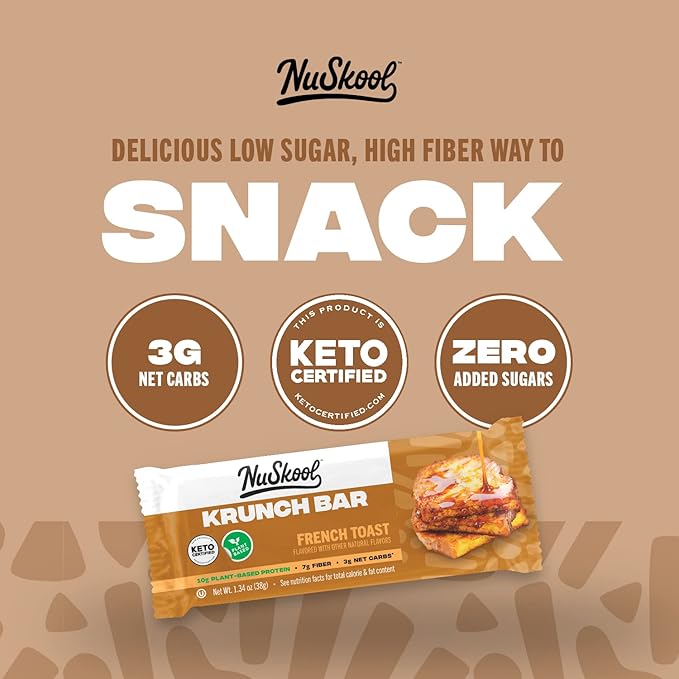 NuSkool Snacks French Toast Keto Friendly Protein Krunch Bars (12 Pack) - 7g Fiber 10g Clean Plant-Based Protein 3g Net Carbs - Gluten-Free Non-GMO Vegan Low Carb Keto Healthy Breakfast Snack