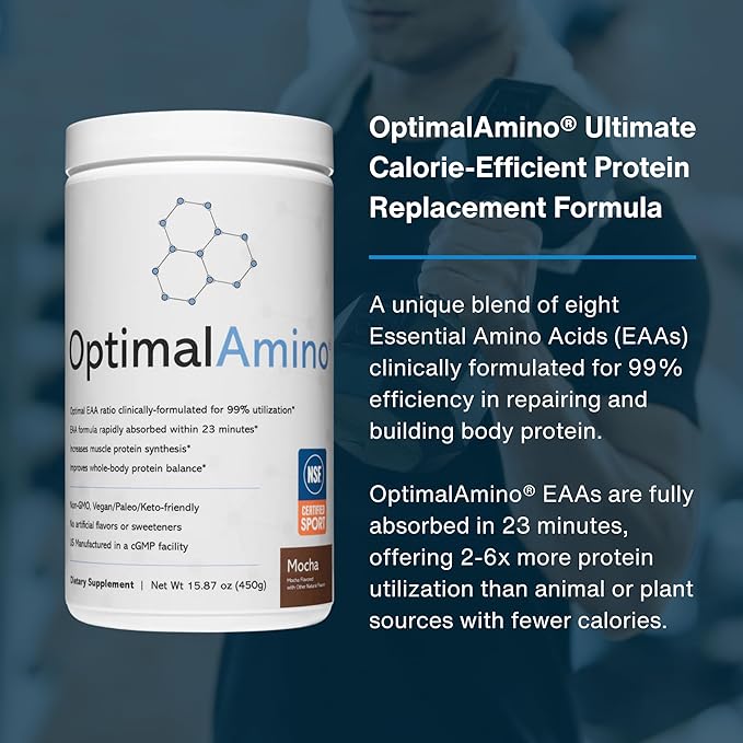 OptimalAmino Amino Acid Powder | 99% Utilized Essential Amino Acid (EAA) Supplement | Pre/Post Workout &amp Muscle Recovery | NSF for Sport Certified | Mocha Flavor