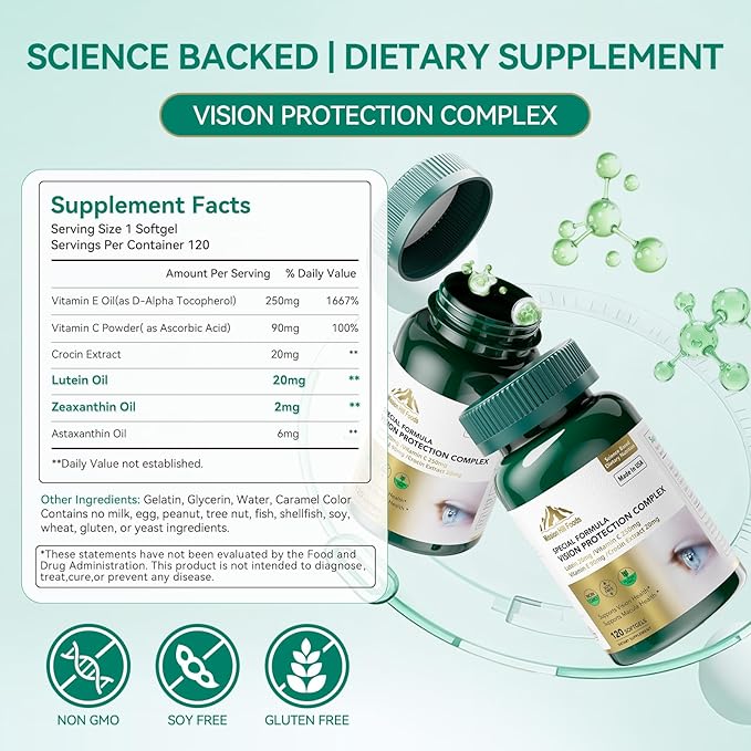 Vision Protection Complex with Lutein Lutein and Zeaxanthin Supplements - 6 in 1 Total Eye Complex Astaxanthin Crocin Vitamin C &amp E 240 Softgels Non-GMO Gluten-Free Supports Eye Health