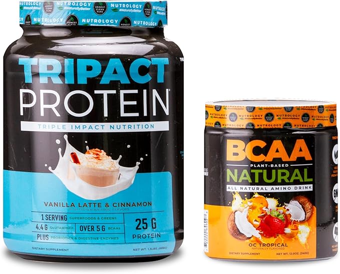 Nutrology TRIPACT Protein Powder 7-in-1 Meal Replacement Shake Vanilla Latte Cinnamon Flavor (20 Servings) BCAA Natural Plant Based BCAA Powder Lemonade Flavor (30 Servings)