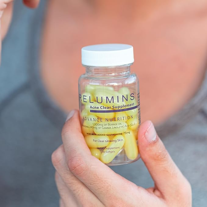 Relumins Natural Acne Softgel Spring Glow Essential – 300mg Borage Oil with GLA – Plant-Based Supplement to Support Clear Balanced Skin Smooth Texture Hydration and Daily Wellness