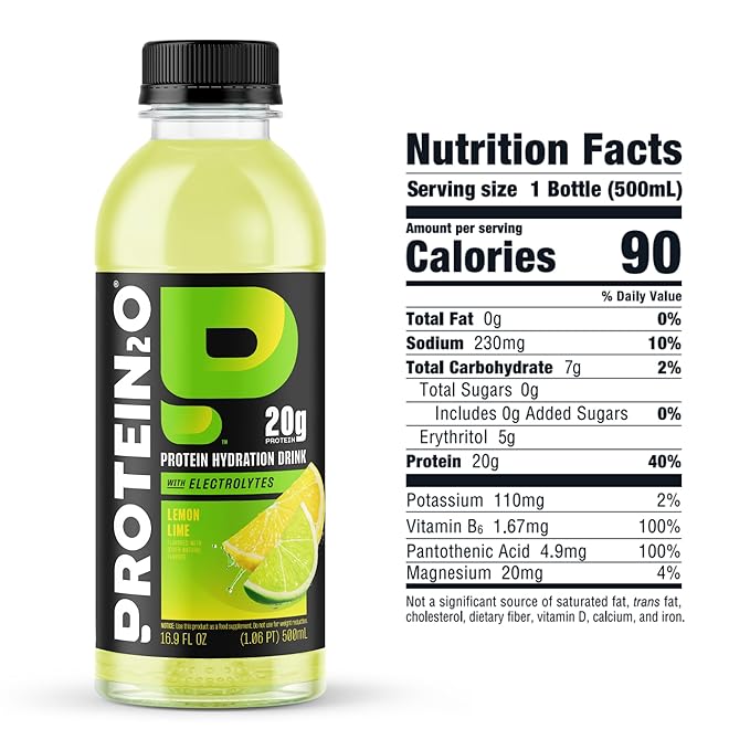 Protein2o 20g Whey Protein Isolate Hydration Drink 350mg of Electrolytes Vitamins B5 &amp B6 Sugar Free Lemon Lime 16.9 oz Bottle (12 Count)