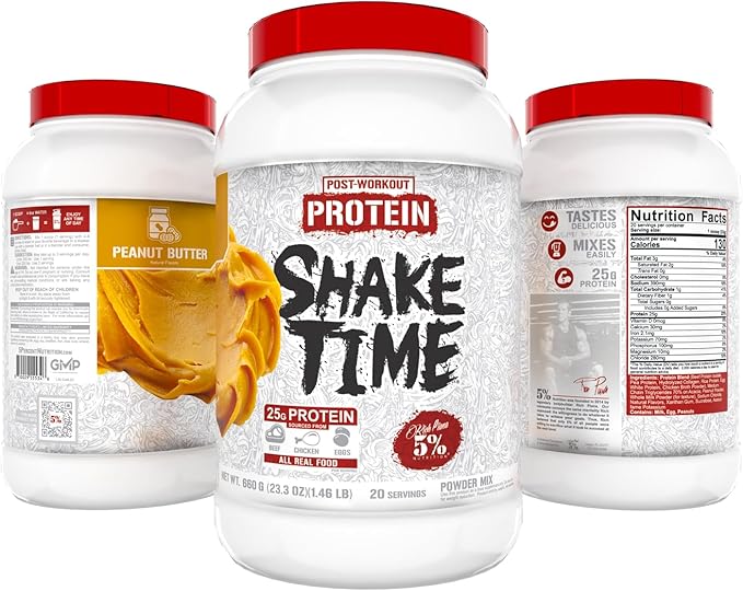5% Nutrition Rich Piana Shake Time | 24g Animal Based Protein Drink | Grass-Fed Beef Isolate Chicken Egg | No Sugar or Soy (Peanut Butter)