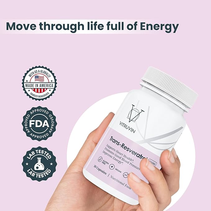 VITRUVIN Trans-Resveratrol Supplement 500mg 3 Bottles Pack Vegan Non-GMO Gluten-Free Gelatin-Free.