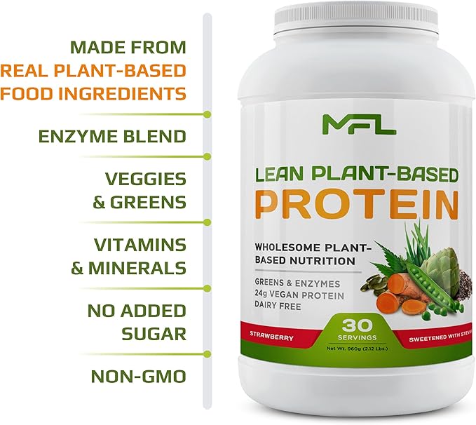 MFL Vegan Plant-Based Protein Powder l Gluten Free l Non Dairy l Non GMO l Lactose Free l Keto-Friendly | 2.12 lbs (Strawberry)