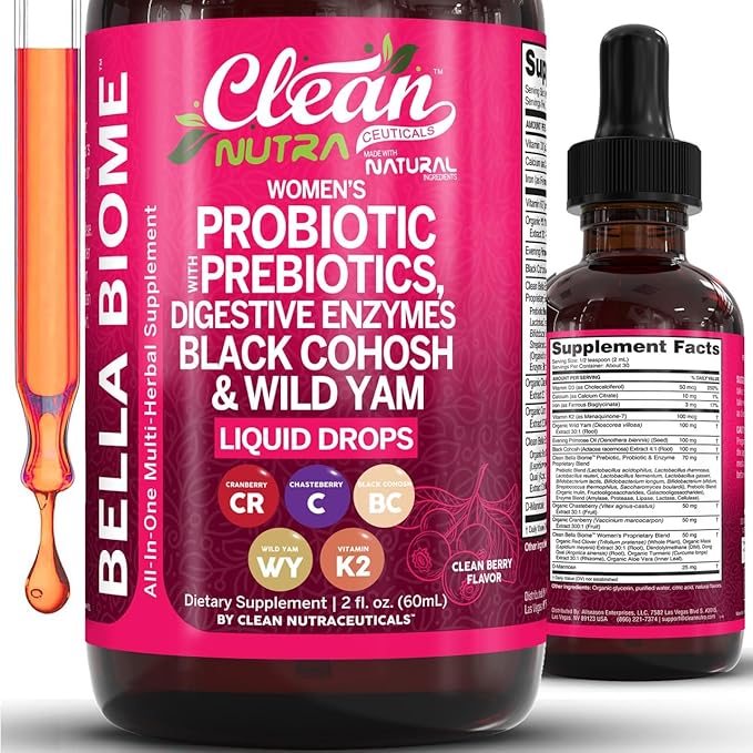 Liquid Probiotics for Women Drops with Chasteberry Black Cohosh Prebiotics Digestive Enzymes Evening Primrose Oil Wild Yam Cranberry Dmannose and Iron Vitamin D3 K2 Clean Nutra Bella Biotics