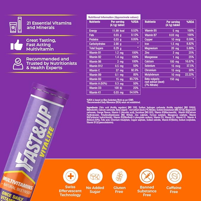 Fast &amp Up Vitalize Multivitamin Supplement - One Daily - 21 Vitamins and Minerals - Natural Beetroot Extract for Men and Women - 60 Effervescent Tablets - Orange Flavour