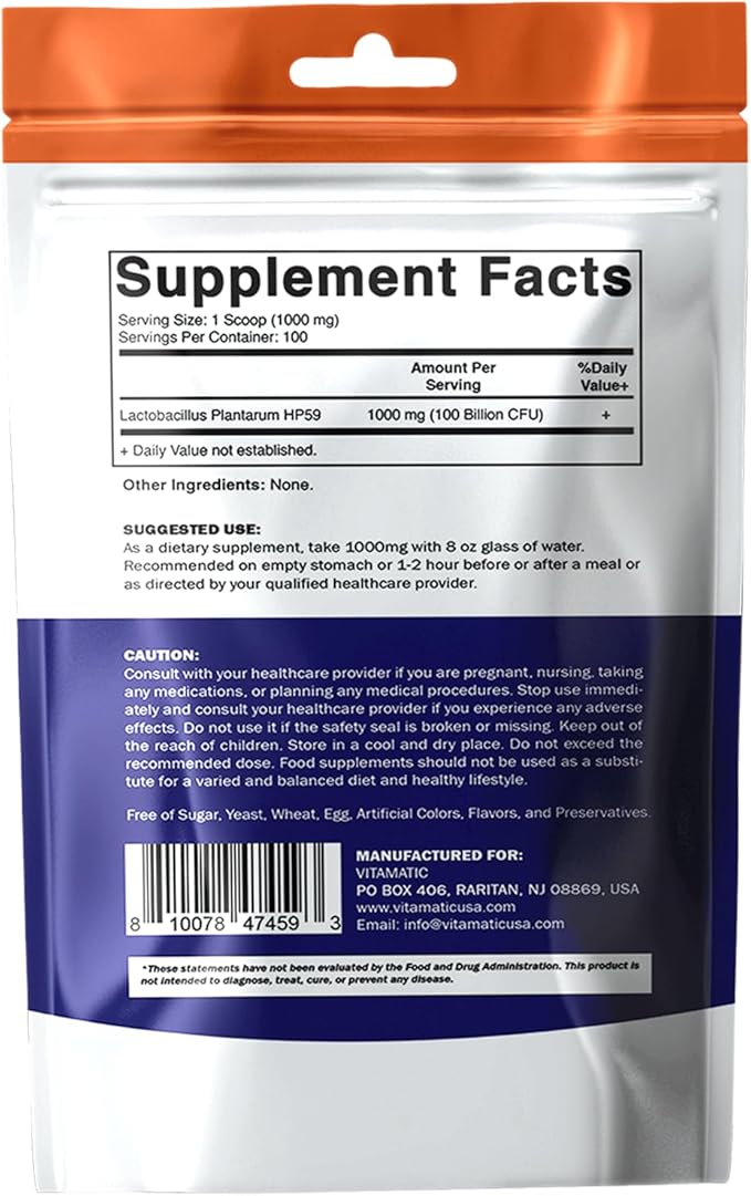 Vitamatic Lactobacillus Plantarum Probiotic Powder - Digestive Health Support - 100 Gram (3.5 OZ) - 100 Servings