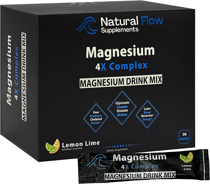 Magnesium Powder Drink Mix - Lemon/Lime - Natural Flow 4X Magnesium Glycinate Taurate Malate Orotate Supplement Calm Sleep and Cramp Support Blend No Mag Citrate or Oxide 30 Packs (Drink Mix)