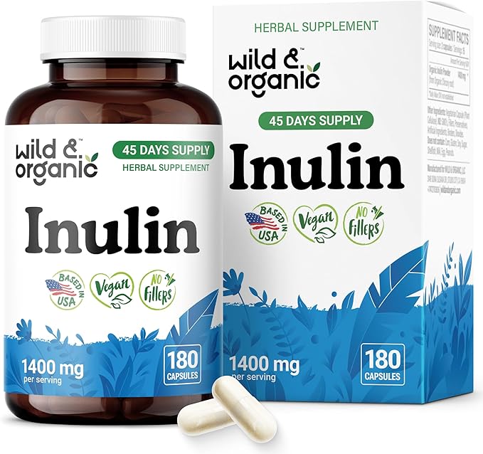 Wild &amp Organic Inulin Capsules 1400 mg - Digestive &amp Gut Support - Chicory Root Inulin Fiber Supplement - Prebiotic Fiber Derived from Chicory Powder - Vegan No Fillers Non-GMO - 180 Count