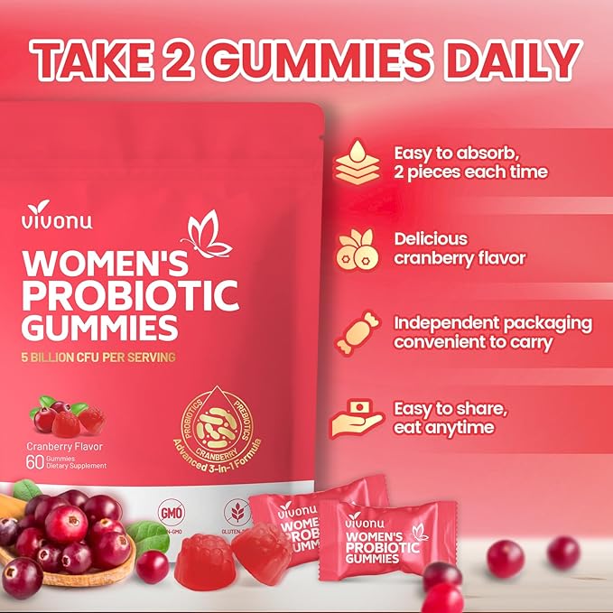 VivoNu Viginal Probiotics for Women Women Probiotic Gummies Feminine Balance Gummies Prebiotic Gummy Cranberry Probiotics for Woman Vaginigal Health Yeast Ph Balance| 60 Gummies