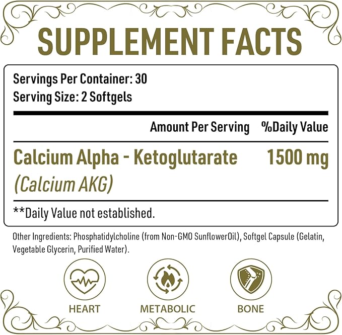 Liposomal Calcium AKG Supplement 1500 MG (Alpha-Ketoglutaric Acid) More Effective Than AAKG Ca AKG for Longevity Age Defense Cellular Energy Metabolic Function 120 Softgels