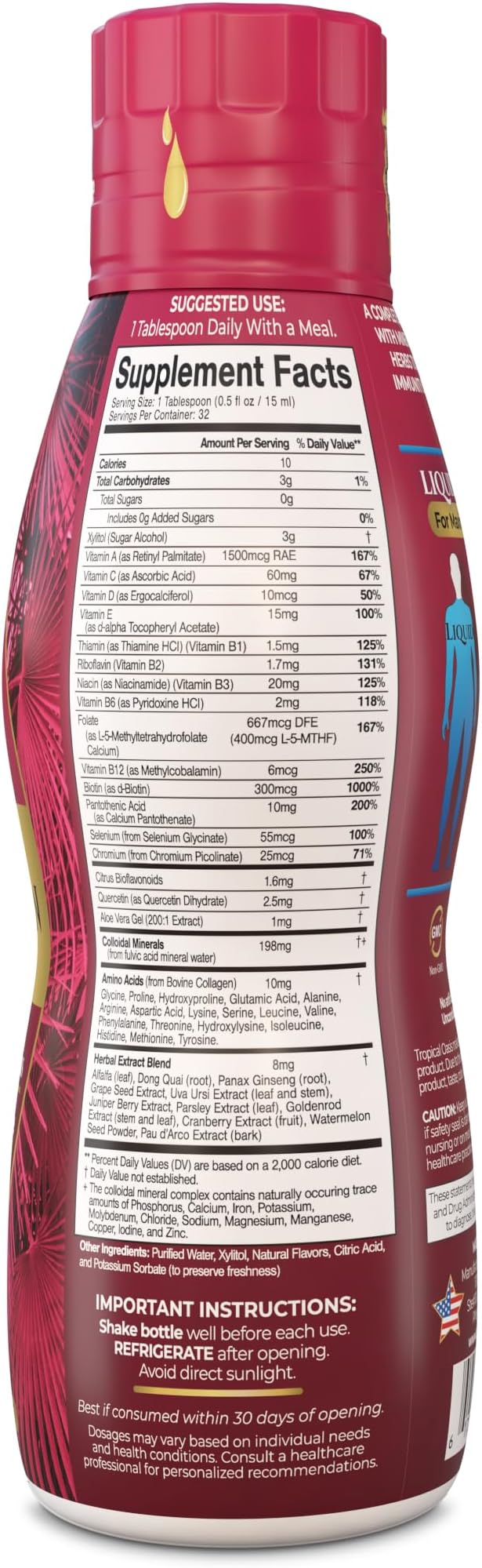 Tropical Oasis Adult Liquid Multivitamin -Liquid Multi-Vitamin and Mineral Supplement with 125 Total Nutrients Including 85 Vitamins &amp Minerals 23 Amino Acids and 18 Herbs - 16 fl oz 32 serv