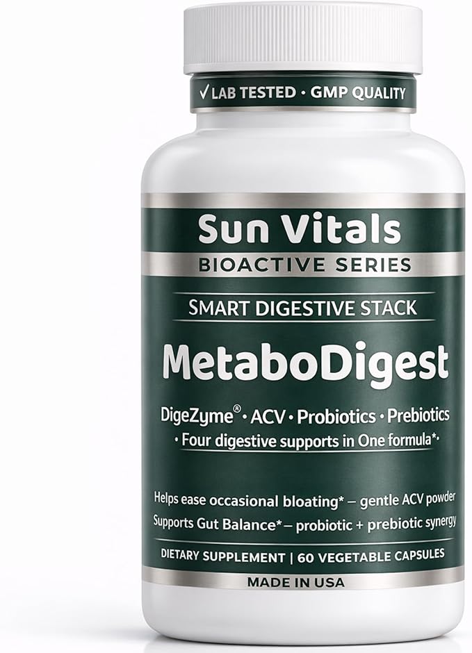 Sun Vitals MetaboDigest – ACV Apple Cider Vinegar Capsules with Digestive Enzymes Prebiotic Fiber &amp Probiotic | Digestive Health &amp Bloating Relief | Gut Balance for Women &amp Men | 60 Capsu