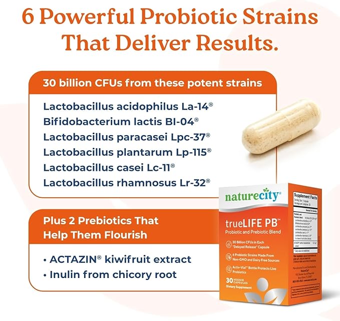 NatureCity True-Life-PB Shelf Stable Blend Prebiotics and Probiotics for Women and Men - Digestive Gut Health Supplements for Women and Men - Dairy Free - (30 Veggie Capsules) (Pack of 2)