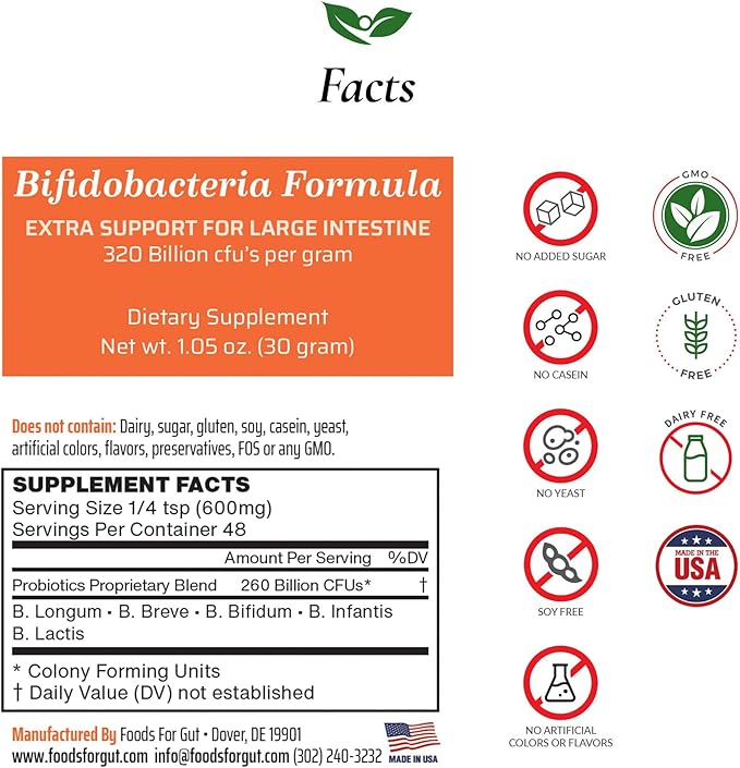 Foods For Gut Bifido Formula 320 Billion cfu's | Made in USA | Direct from Manufacturer | No Third-Party Storage | Digestive &amp Immune Support | May Help Leaky Gut Repair | 30 Grams (1.05 OZ)