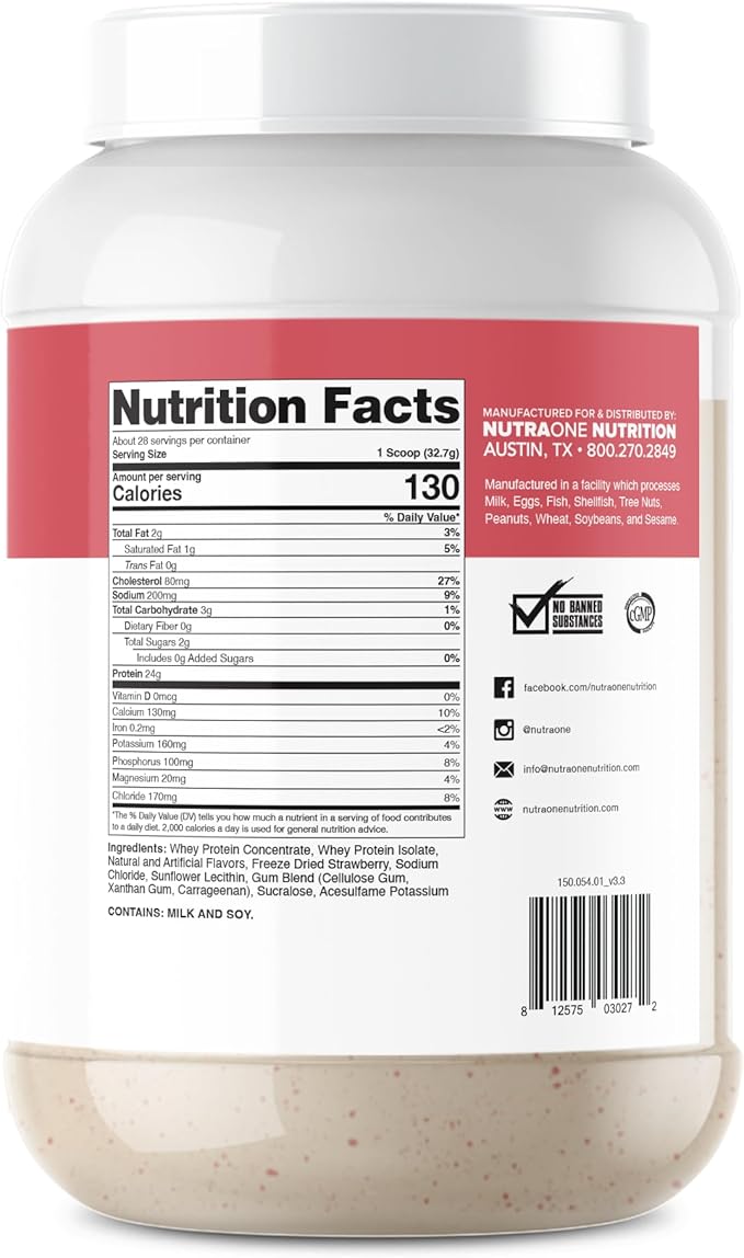 NutraOne ProteinOne Whey Protein Promote Recovery and Build Muscle with a Protein Shake Powder for Men &amp Women (Strawberry Milkshake 2 LB)