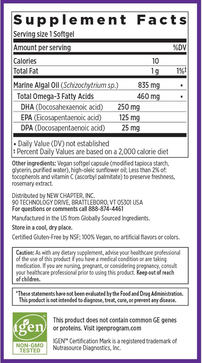 New Chapter Vegan Algae Oil DHA EPA and DPA Supplement - Vegan Omega-3 Complex for Heart Brain Eye &amp Joint Support - 30 Softgels