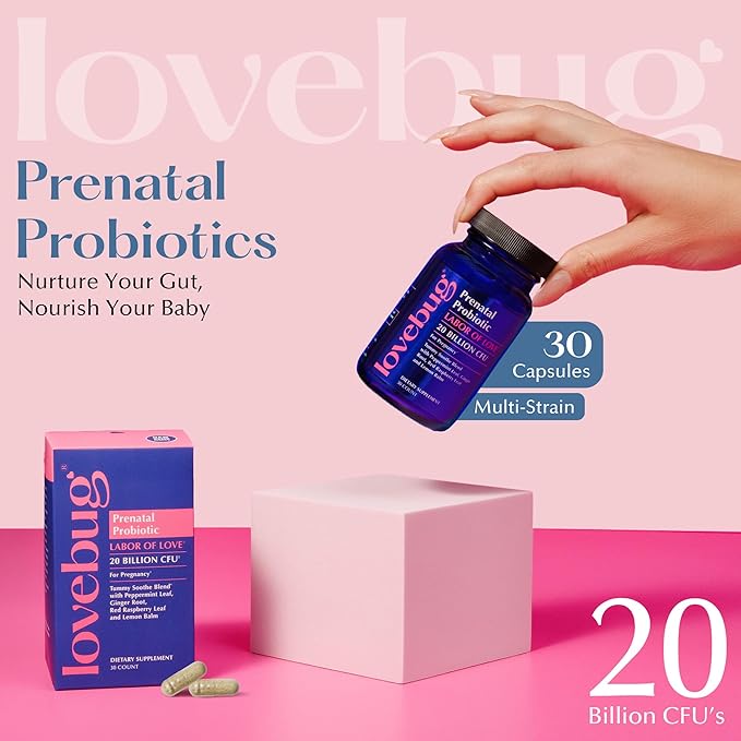 LOVEBUG Prenatal Probiotic Supplement - 7 Probiotics &amp Prenatal Vitamins for Women 20 Billion CFU with Soothing Peppermint Ginger Raspberry Leaf and Lemon Balm. 30 Capsules