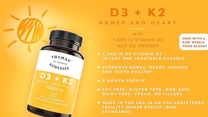 Thomas' all-natural Remedies D3 + K2 with MCT Oil for Better Absorption &amp Raw Whole Food Blend 1000 IU D3 Vegan Made in USA Support for Your Heart Bones &amp Teeth Non-GMO (120ct)