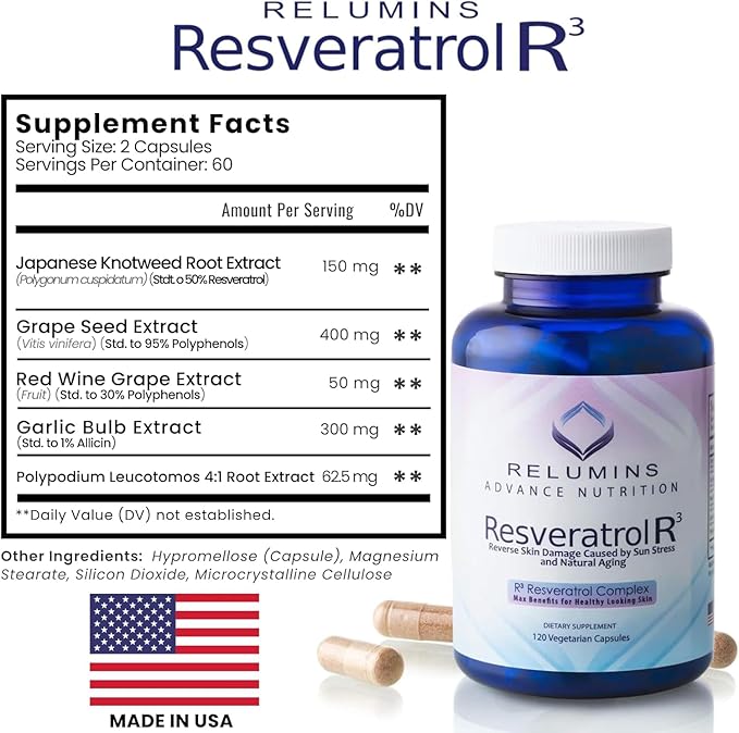 Relumins Advanced White Bundle – L-Glutathione 800mg with Vitamin C (60 Capsules) + R3 Resveratrol Complex (120 Capsules) – Supplement for Skin Clarity and Wellness Support