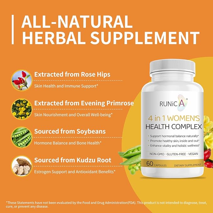 4in1 Women's Hormone &amp Beauty Complex | Menopause Relief Supplement for Hot Flashes Night Sweats &amp Mood | Soy Isoflavones Pueraria Rosehip &amp Evening Primrose - 60-Day Routine Bundle