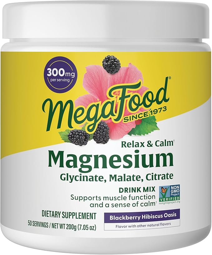 MegaFood Relax + Calm Magnesium Powder - Highly Absorbable Magnesium Glycinate Citrate &amp Malate - Without 9 Food Allergens - BlackBerry Hibiscus Oasis - 7.05 Oz (50 Servings)