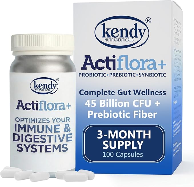 Kendy Actiflora Probiotic + Prebiotic &amp Synbiotic Capsules – Advanced Formula w/L. bulgaricus for Digestive Health &amp Gut Balance – 45-Billion CFU Daily Supplement – 100-Day Supply 100-Caps (1