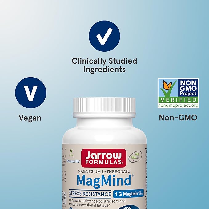 Jarrow Formulas Magnesium L-Threonate MagMind Stress Resistance with L-Theanine and Rhodiolife High Absorption Magnesium Stress Relief and Mood Support 60 Veggie Capsules Up to a 30 Day Supply