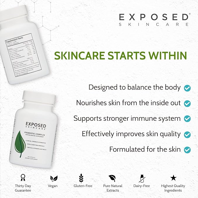 Exposed Skin Care Probiotic Supplement Complex with 1 Billion CFU – Daily Probiotic for Skin Gut and Immune Health Support – Digestive Wellness Formula for Men and Women – Non-GMO 60 Capsules