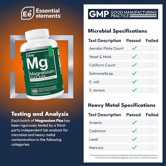 Essential Elements Magnesium Plus Zinc with Vitamin D3 - Scientifically Formulated Heart Bone &amp Muscle Support - 225mg Triple-Strength Magnesium Complex with Glycinate Malate Citrate - 540 Cou