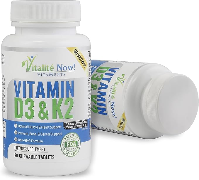 Best Vitamin D3 2000 IU + K2 - Optimized Absorption in Best Form MK7 for Lung Health Strong Bones &amp Healthy Heart - All Natural - Cherry Flavor - 90 Chewable Tablets - 3 Month Supply!