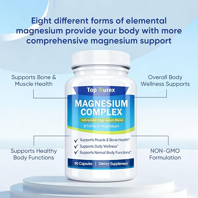 Top Nurex Magnesium Complex 1000 mg 8-Source Magnesium Blend with Glycinate Citrate Malate &amp Taurate Vegan Non-GMO Formula 90 Capsules