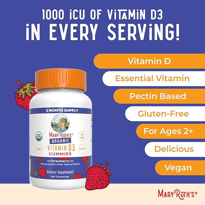 MaryRuth's Organic Vitamin D3 Gummies | 1000 IU | USDA Organic | Immune Support| Bone Health | Muscle Function | for Adults &amp Kids Ages 2+ | Vegan | Gluten Free | 2 Month Supply | 60 Count