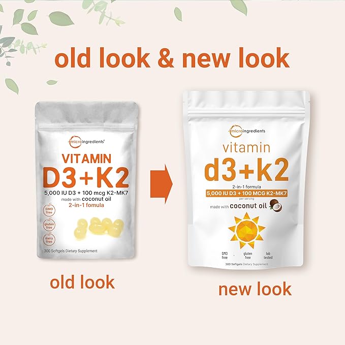 Micro Ingredients Vitamin D3 5000 IU + K2 MK-7 100 mcg 300 Softgels | Virgin Coconut Oil | 2-in-1 Support | Easy to Swallow Non-GMO