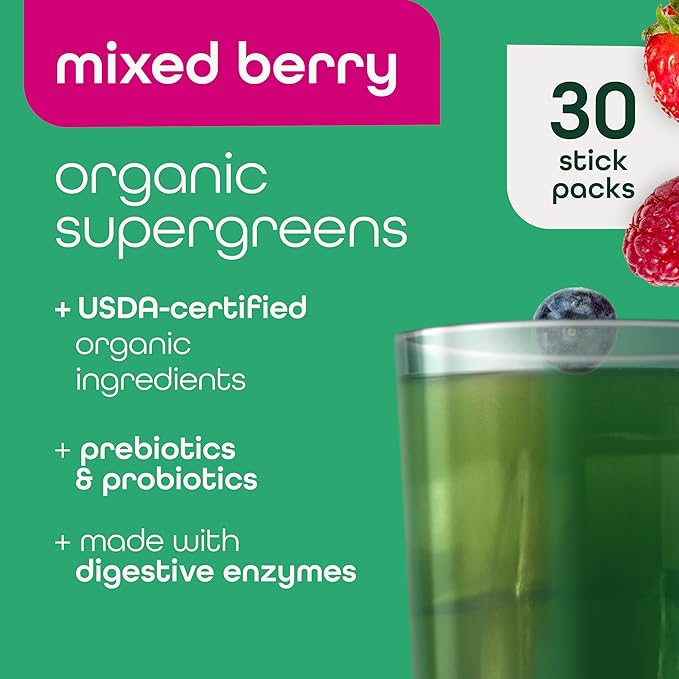 Zena Nutrition Organic Supergreens Greens Powder 70+ Superfoods Mixed Berry 30 Drink Mix Packets + Pure Colostrum Capsules 1500mg Supplement 1 Month Supply 90 Capsules