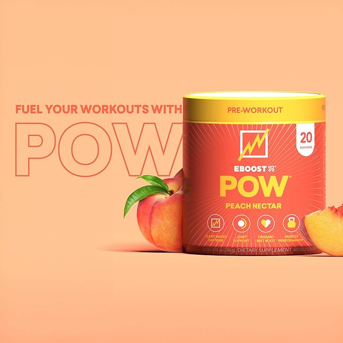 EBOOST POW Natural Pre Workout Powder - 20 Servings Peach Nectar - Preworkout Energy Booster Gym Supplement Drink Mix for Men and Women - Performance Joint Mobility Support - Gluten-Free