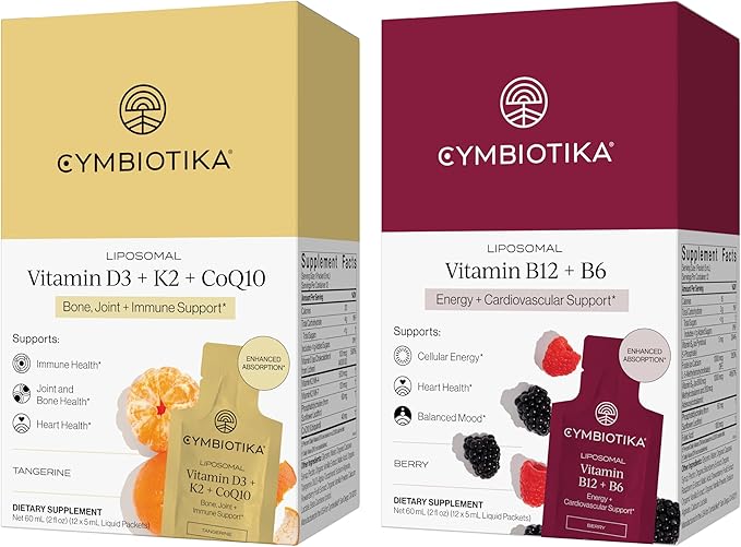 CYMBIOTIKA Liposomal Vitamin B12 + B6 &amp Vitamin D3 + K2 + CoQ10 Cellular Energy Joint + Bone Brain + Heart Health Nerve Function Immune Support High Absorption 2 x 12 5 mL Liquid Supplement