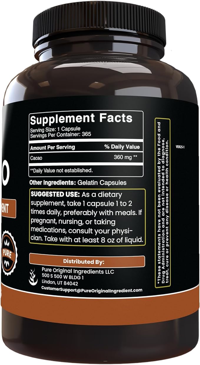 Pure Original Ingredients Cacao (365 Capsules) No Magnesium Or Rice Fillers Always Pure Lab Verified