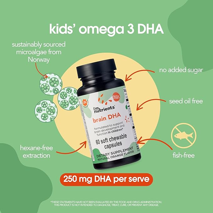 I’m Nutrients Brain DHA | Algae Omega 3 Supplement for Kids | Supports Brain Development | Promotes Healthy Eye Function | Naturally Flavored | 60 Chewable Soft Gelatin Capsules