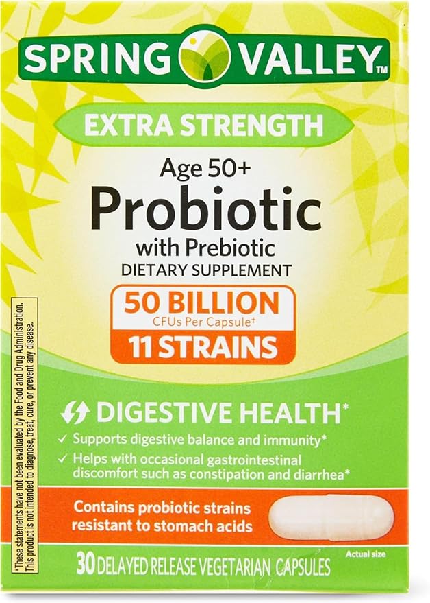 Probiotic | Age 50+ | 50 Billion CFU 11 Strains 30 Capsules | Daily Probiotic Supplement | for Adults 50+ | Spring Valley + Vsl Sticker