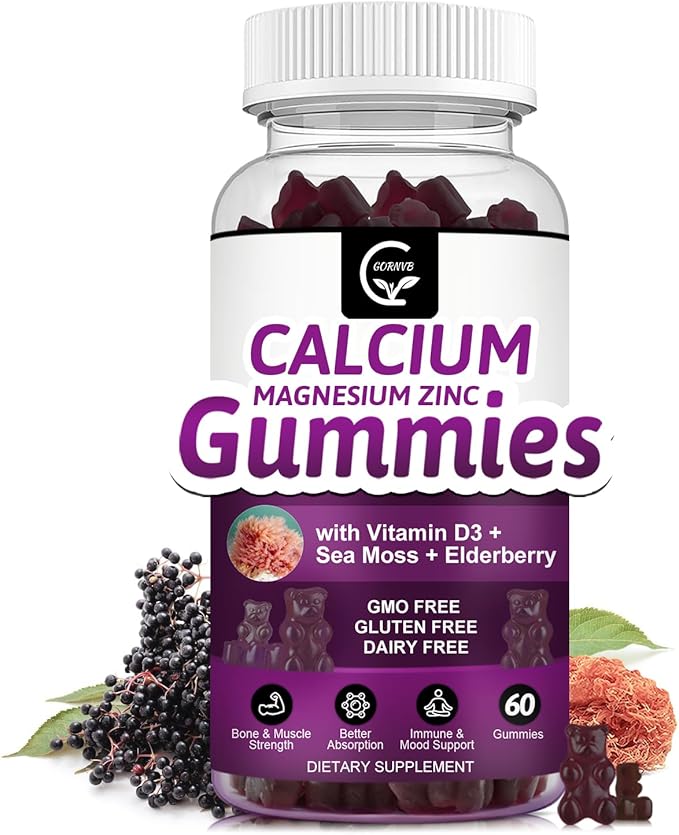 Calcium Magnesium Zinc Gummies with High Absorption Magnesium Glycinate 300mg Potassium - Plant Complex Calcium Magnesium 2:1 Ratio with D3 Sea Moss for Bone Immune &amp Sleep Support Vegan-2 Pac