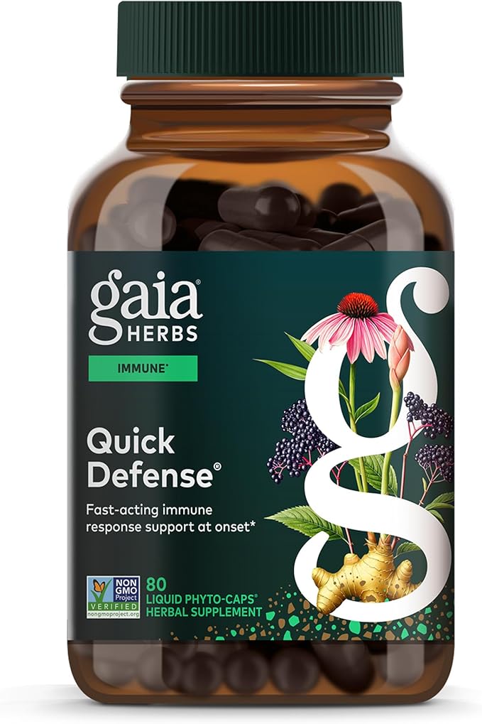Gaia Herbs Quick Defense - Fast-Acting Immune Support Supplement* - Echinacea Black Elderberry Ginger &amp Andrographis - 80 Vegan Liquid Phyto-Caps (40 Servings)