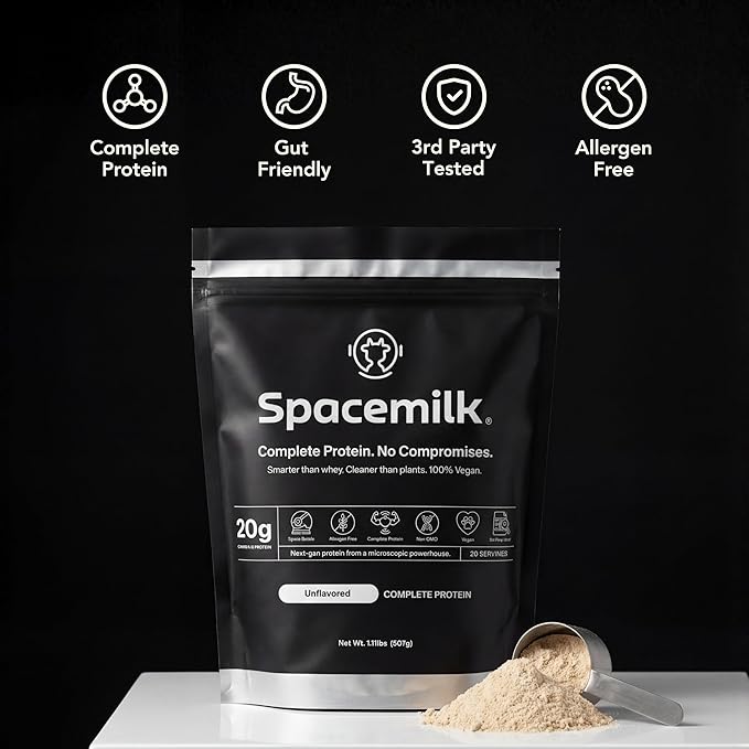 Spacemilk Unflavored Vegan Protein Powder – Pure One Ingredient Allergen-Free Gluten-Free Dairy-Free Keto Non-GMO Single-Cell Nutrition with 20g Protein &amp 4.24g BCAAs