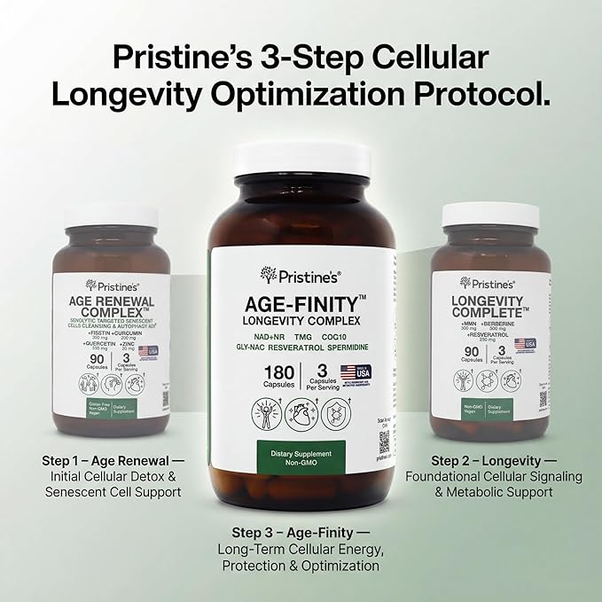PRISTINE'S Age Finity NAD+ &amp NR Cellular Optimzation Mitochondrial Supplement - NAD Nicotinamide Riboside TMG CoQ10 GlyNAC Resveratrol Spermidine - Cellular Longevity Support - 3rd Party Tes