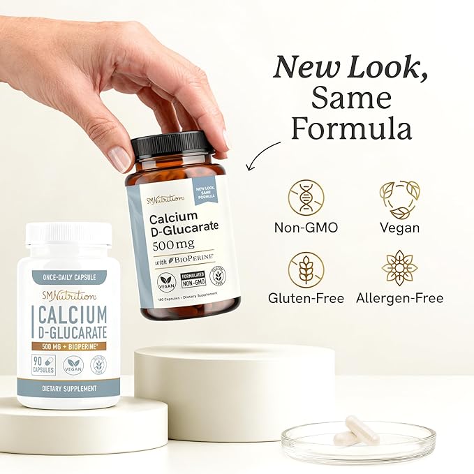 Calcium D-Glucarate | 500mg | CDG for Liver Detox and Cleanse Hormone Balance and Menopause Support | Calcium Supplement | Vegan Non-GMO &amp Third-Party Tested | 180 Capsules (6-Month Supply)