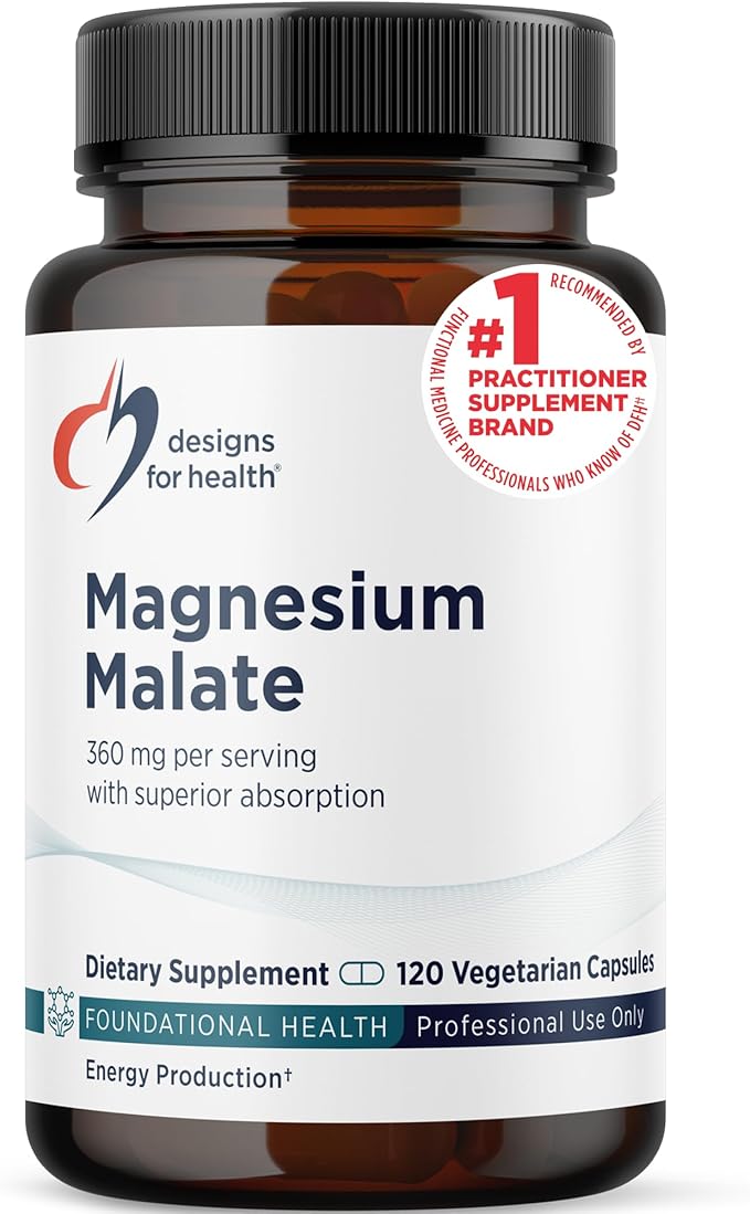 Designs for Health Magnesium Malate - Chelated Magnesium as Di Magnesium Malate - Highly Bioavailable Form to Support Energy Bone Health + Muscle Recovery (120 Magnesium Malate Capsules)