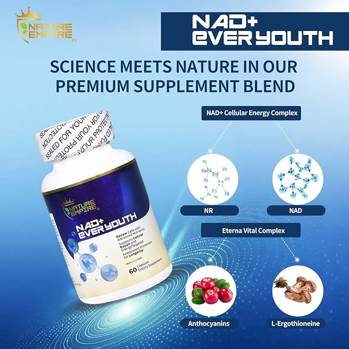 Nature Empire NAD+ Ever Youth – Cellular Renewal Supplement with L-ErgothioneineNicotinamide Riboside (NR) &amp NAD+ Antioxidant Support for Energy &amp Aging Health 60 Vegan Capsules