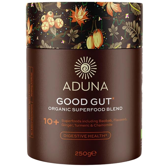 Aduna Organic Good Gut Superfood Blend | 100% Natural Stir-in Blend With 10+ Superfoods for Digestion Gut Health &amp Prebiotic Fiber | Vegan Powder for Smoothies Oatmeal &amp Yogurt | 250g